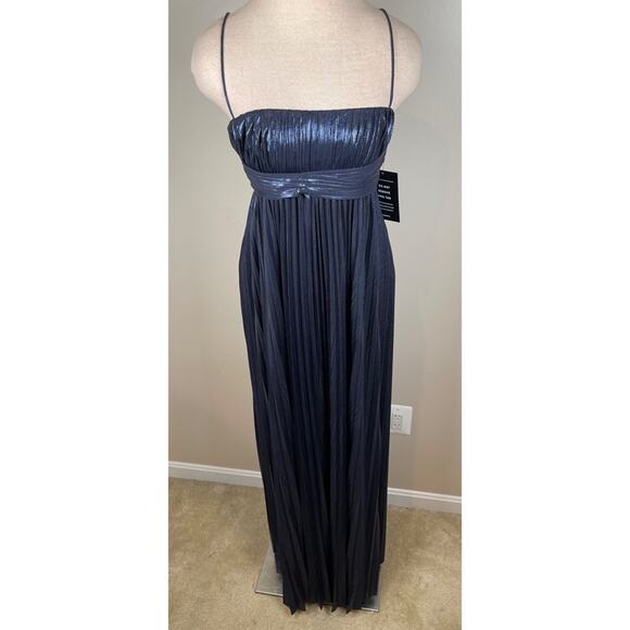 Retrofete Zinnia Ruched Pleated Metallic Lame Ink Blue Maxi Dress Size Small - Picture 3 of 9